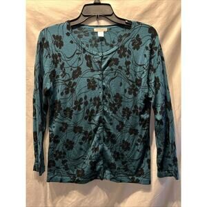 Garnet Hill Merino Wool Cardigan Sweater Women’s Medium Teal Floral Fairy Light